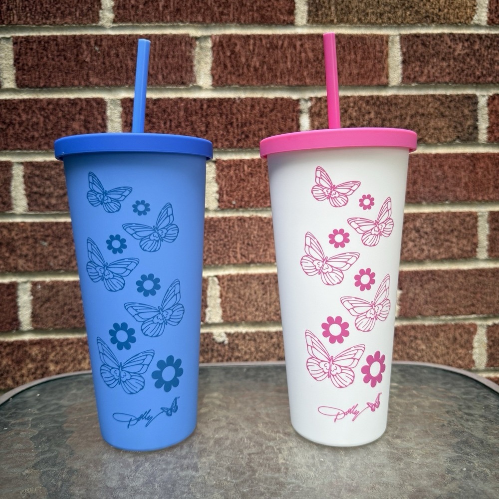 New Dolly Parton 2 Tumbler Cup 20oz DAISY BUTTERFLY Blue Pink Dollar General DG